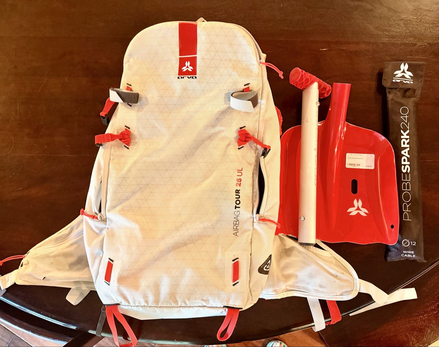 ARVA Tour 25 UL Avalanche Airbag Backpack with Shovel, probe, beacon, new (full) aluminum canister.