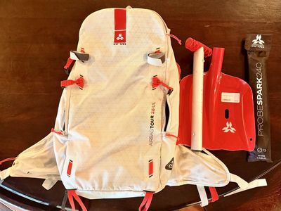 ARVA Tour 25 UL Avalanche Airbag Backpack with Shovel, probe, beacon, new (full) aluminum canister.