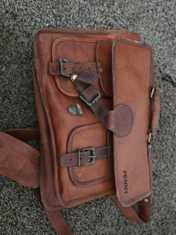 Vintage Brown Leather Messenger Bag Satchel Briefcase with Buckles and Personalized Name