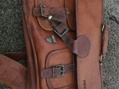 Vintage Brown Leather Messenger Bag Satchel Briefcase with Buckles and Personalized Name
