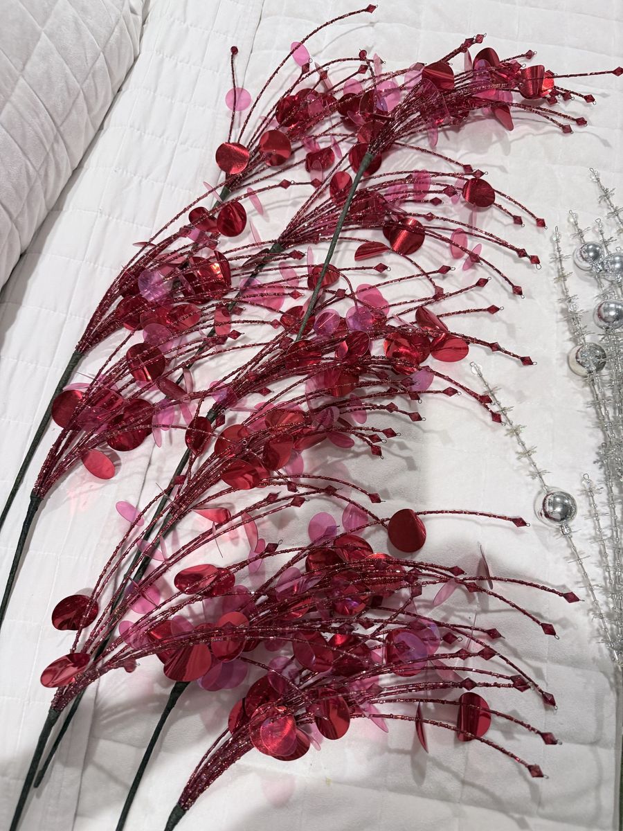 Red Glitter Sequin Floral Holiday Branch Decorations
