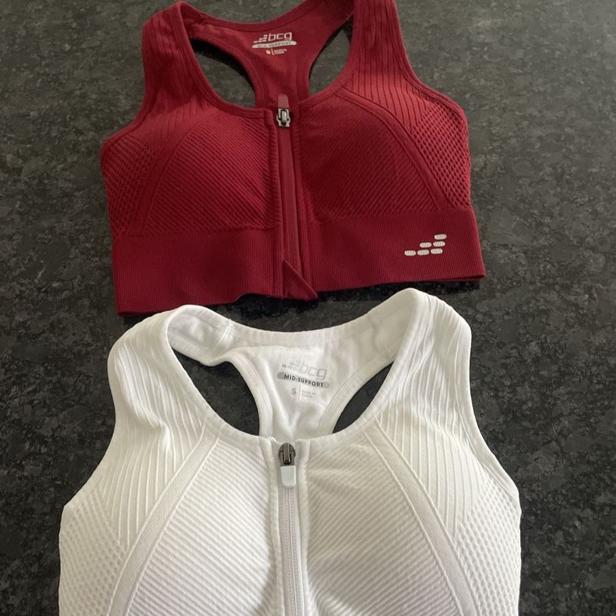 Lot of 2 BCG Mid-Support Zip-Front Sports Bras - Size Small (Red & White)