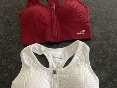 Lot of 2 BCG Mid-Support Zip-Front Sports Bras - Size Small (Red & White)