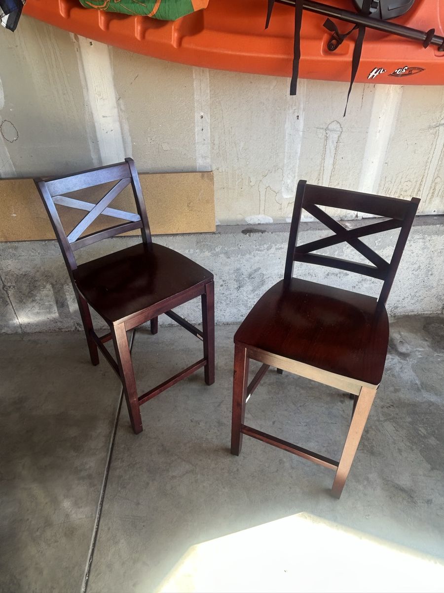 Pair of Dark Wood Counter Height Bar Stools with X-Back Design