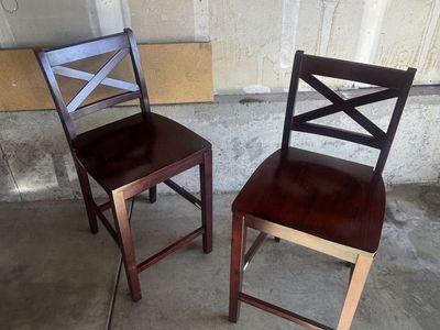 Pair of Dark Wood Counter Height Bar Stools with X-Back Design