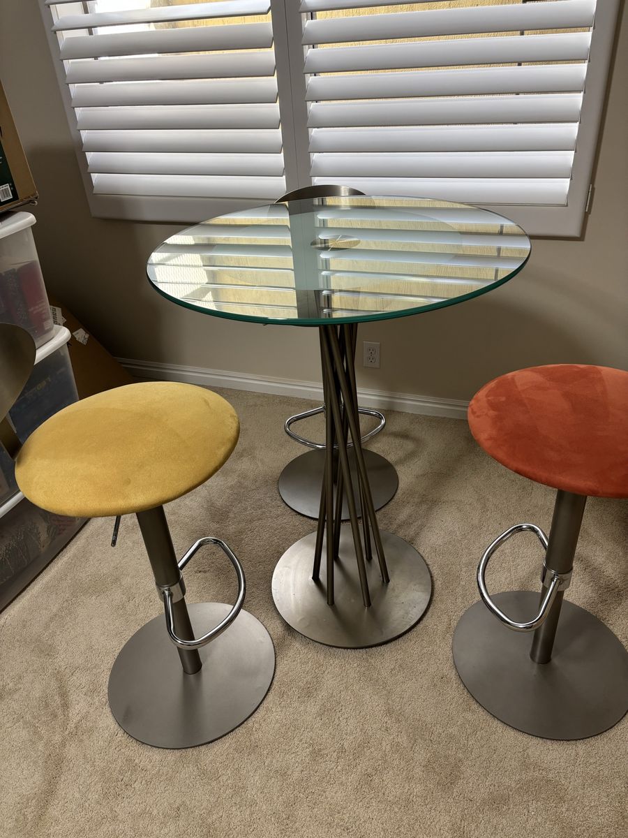 Glass Top Bistro Table with 3 adjustable Swivel Bar Stools - Modern Dining Set