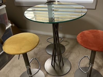 Glass Top Bistro Table with 3 adjustable Swivel Bar Stools - Modern Dining Set