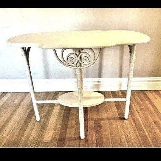 White Wicker Console Table with Lower Shelfi