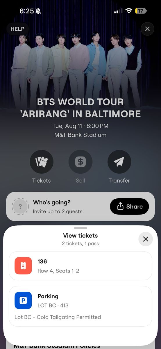 2 BTS ARIRANG Tickets for M&T Stadium + Parking Pass