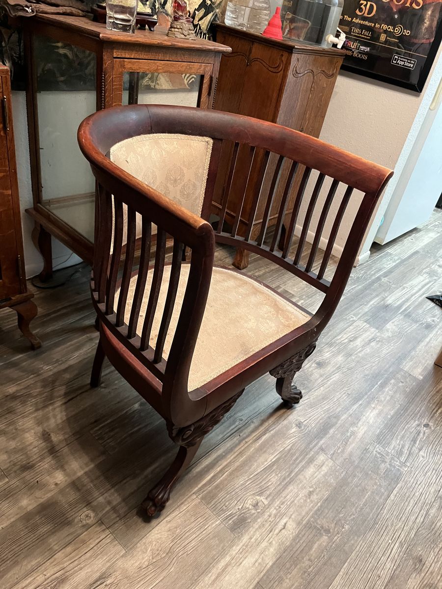 Antique Wooden Barrel Back Armchair with Carved Legs & Upholstered Seat - Needs Restoration