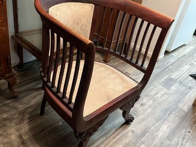 Antique Wooden Barrel Back Armchair with Carved Legs & Upholstered Seat - Needs Restoration
