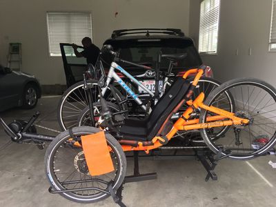 Hitch mounted bike rack for one recumbent bike and one upright bike. Securely mounts both bikes and is easy to use.