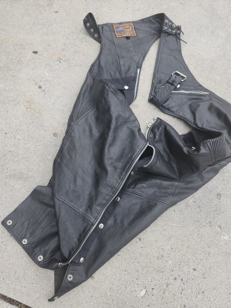 First Genuine Leather Motorcycle Chaps - Black Leather Riding Gear