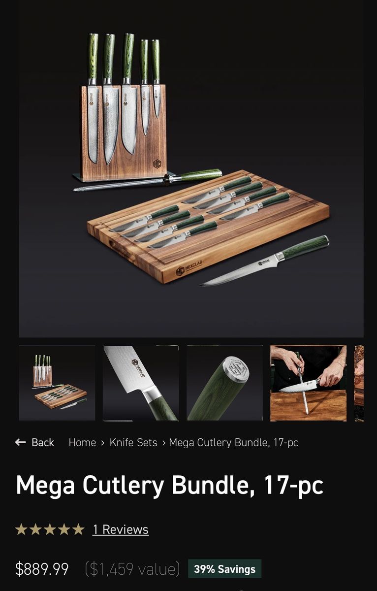HexClad 17-pc Mega Cutlery Bundle Damascus Knife Set with Green Wood Handles