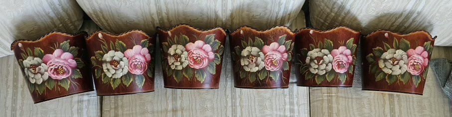 Light Tin Planter 7"Wx6"T Handpainted 6 Pieces New