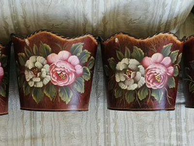 Light Tin Planter 7"Wx6"T Handpainted 6 Pieces New