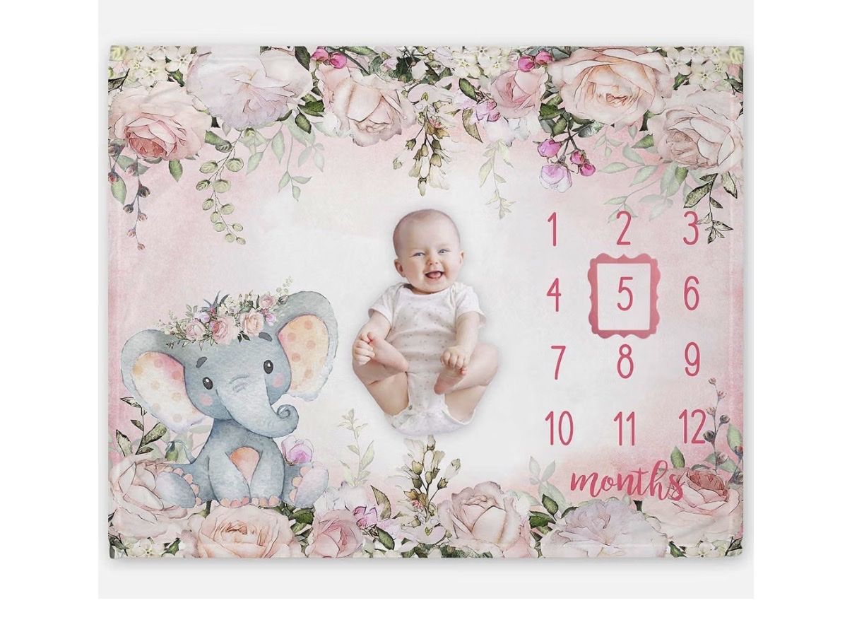 Floral Elephant Baby Monthly Milestone Blanket - Pink Rose Photo Prop
