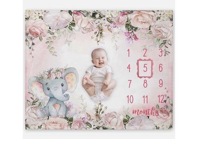 Floral Elephant Baby Monthly Milestone Blanket - Pink Rose Photo Prop