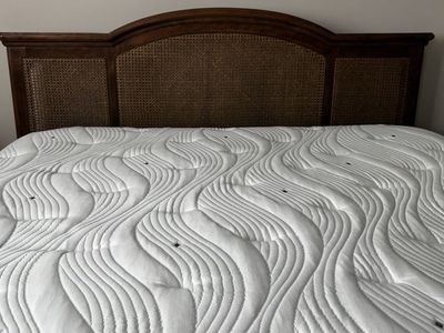 Dark Wood and Rattan Headboard and Metal Bed Frame - Queen Size
