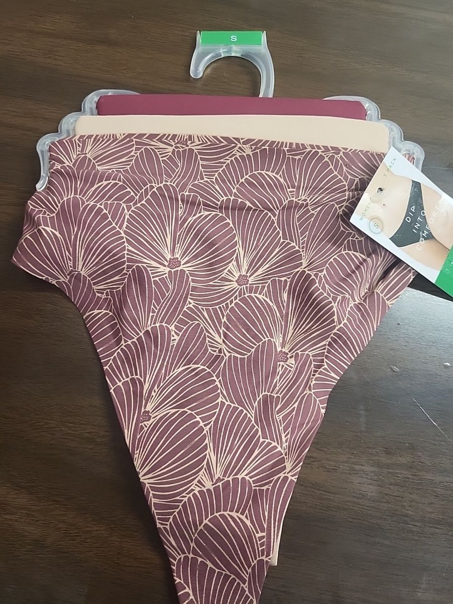 DIP Women's Invisible Line Thong Underwear 3-Pack - Size Small, Burgundy Leaf Print