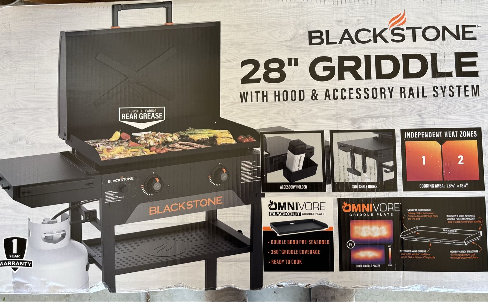 Blackstone 28" Griddle with Hood & Accessory Rail System - Omnivore Griddle Plate, 2 Heat Zones