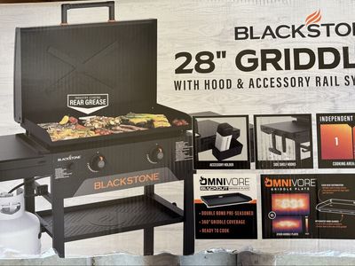 Blackstone 28" Griddle with Hood & Accessory Rail System - Omnivore Griddle Plate, 2 Heat Zones