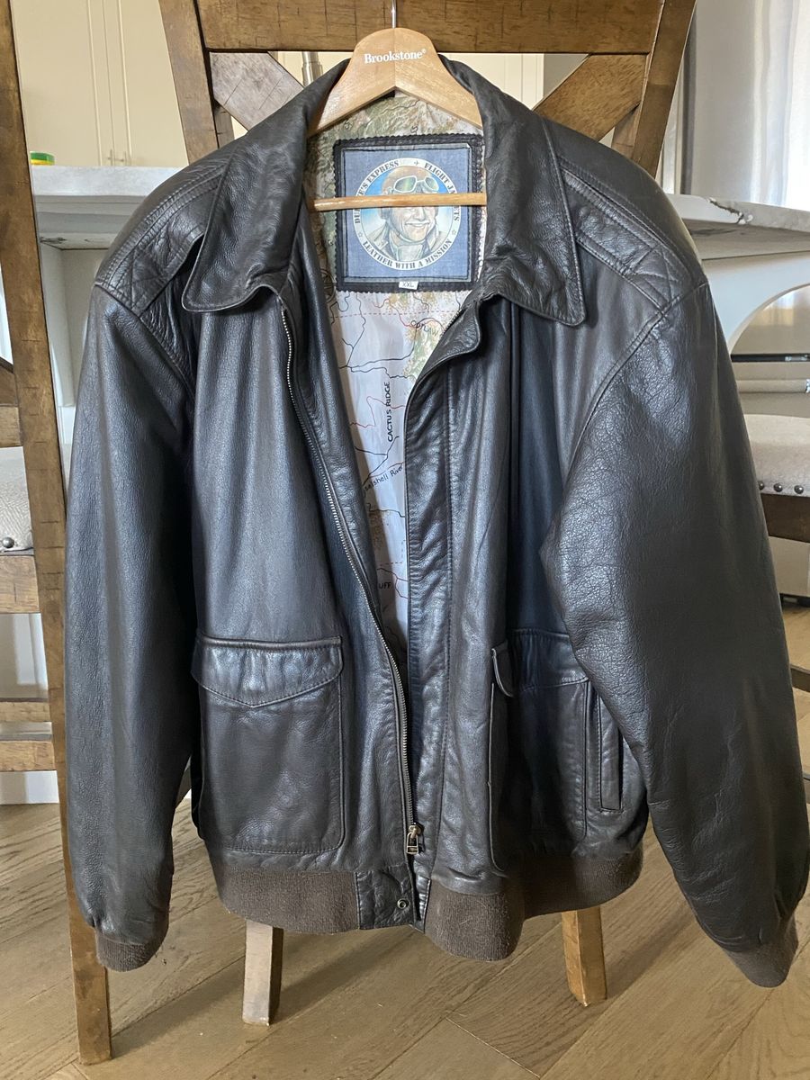 Durkees Express dark brown leather bomber jacket.