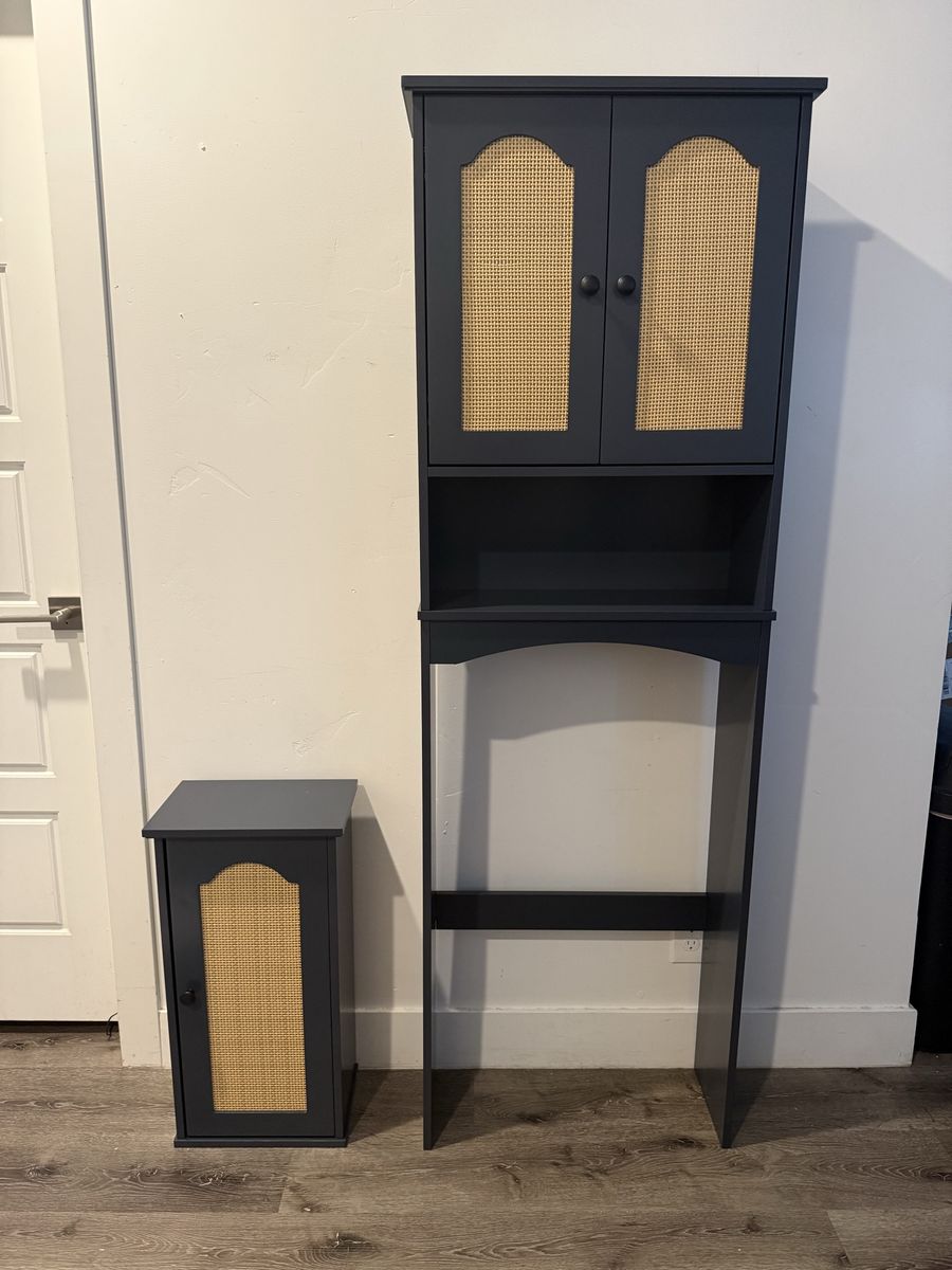 Brand New Rattan Toilet Storage Cabinet with Matching Hanging Wall Cabinet