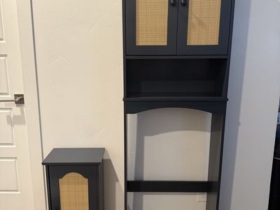 Brand New Rattan Toilet Storage Cabinet with Matching Hanging Wall Cabinet