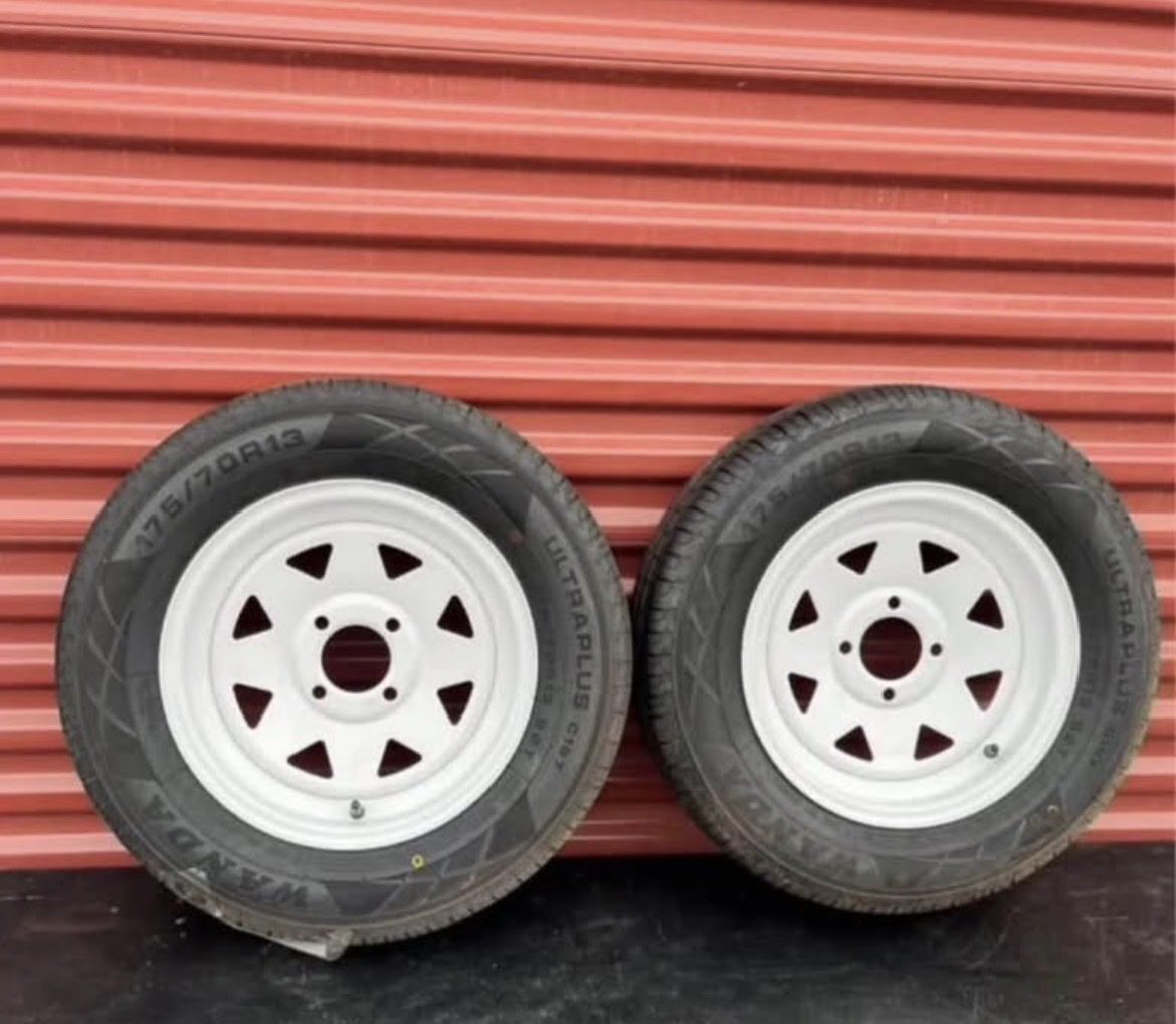 New Wanda Set of 2 ST 175/80 R 13 Trailer Tires Mounted in New White Wheels 4 on 4 Pattern