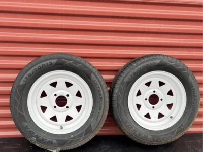 New Wanda Set of 2 ST 175/80 R 13 Trailer Tires Mounted in New White Wheels 4 on 4 Pattern