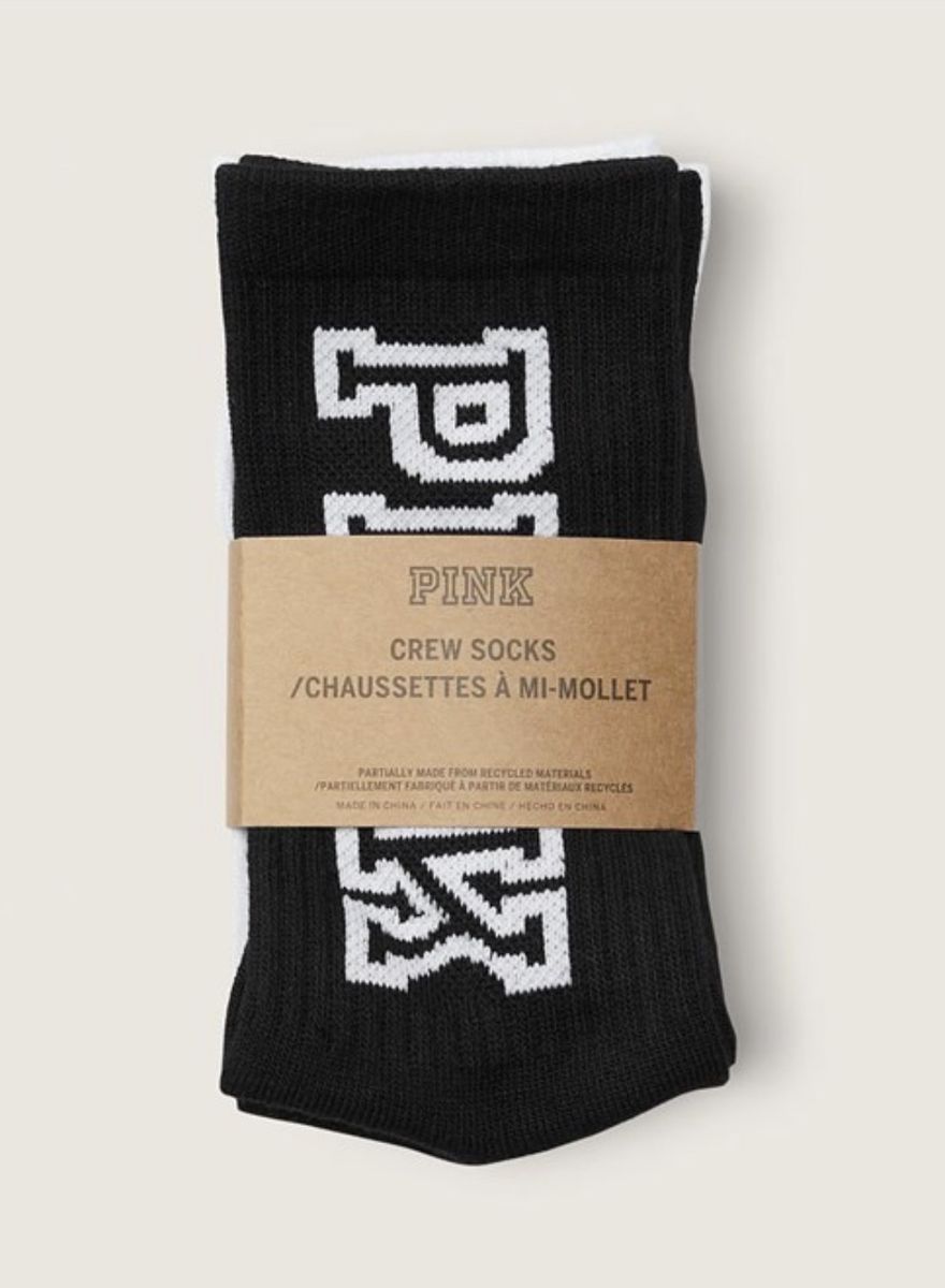 VS PINK 2pk crew Socks BRAND NEW black & White Set