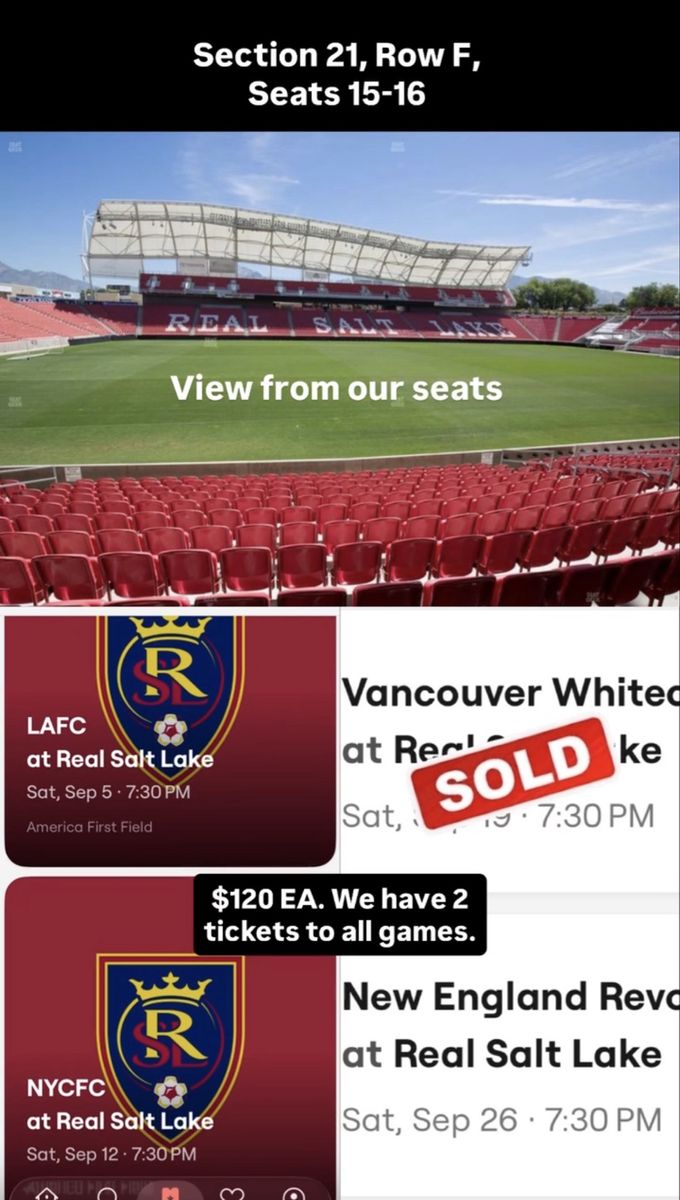 Real Salt Lake Tickets - Section 21 Row F Seats 15-16 (Multiple Games Available)