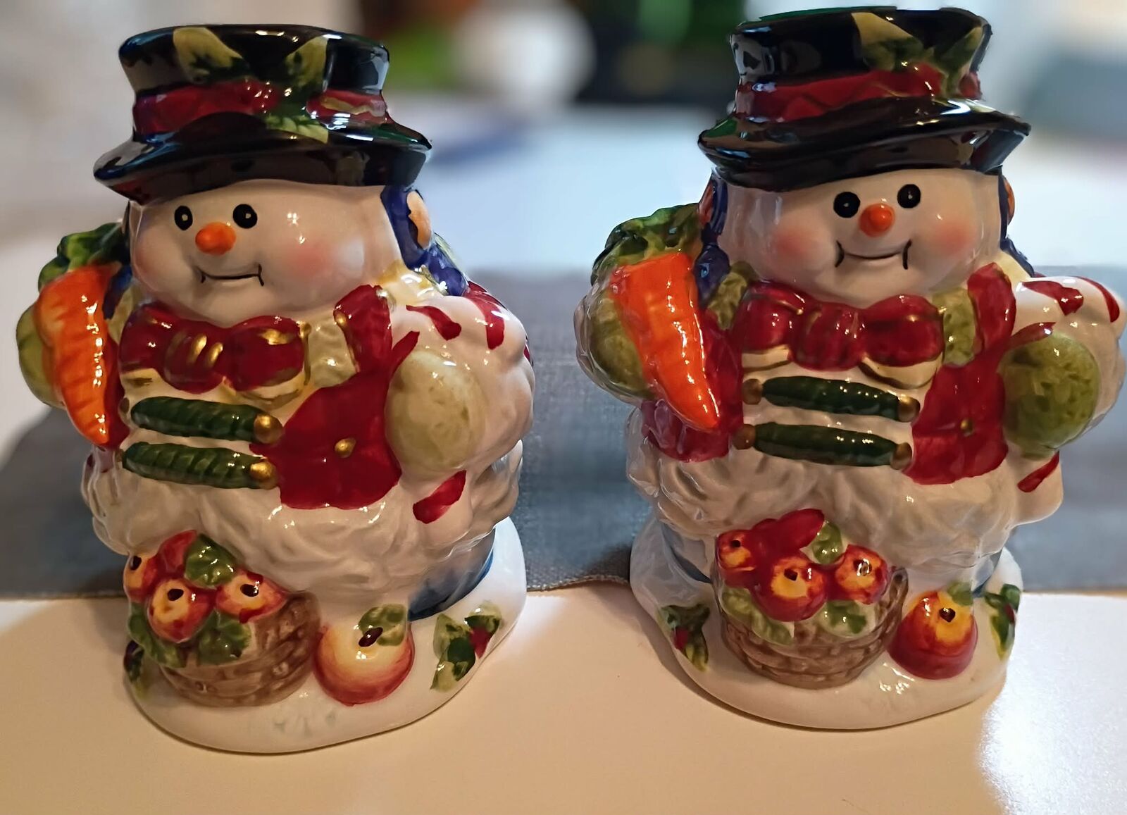 Vintage Snowman Salt and Pepper Shakers Farmer Harvest Ceramic