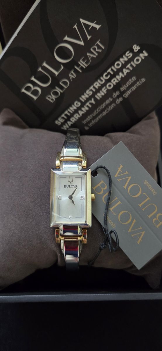 Bulova Women's Two-Tone Diamond Dial Bangle Watch - NEW with Box & Tag - Rectangular