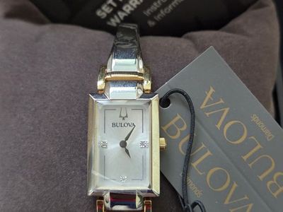Bulova Women's Two-Tone Diamond Dial Bangle Watch - NEW with Box & Tag - Rectangular