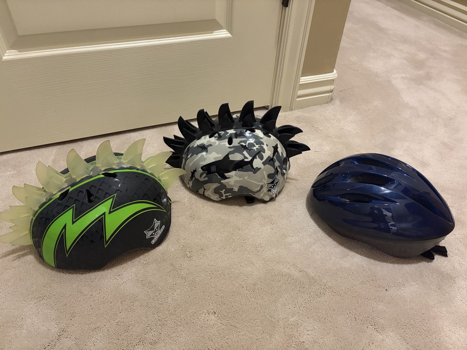 Raskullz Kids Helmets - Green Mohawk & Camo Shark (Size S) plus Navy Helmet - Excellent Condition
