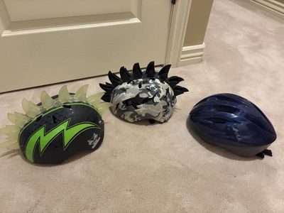 Raskullz Kids Helmets - Green Mohawk & Camo Shark (Size S) plus Navy Helmet - Excellent Condition