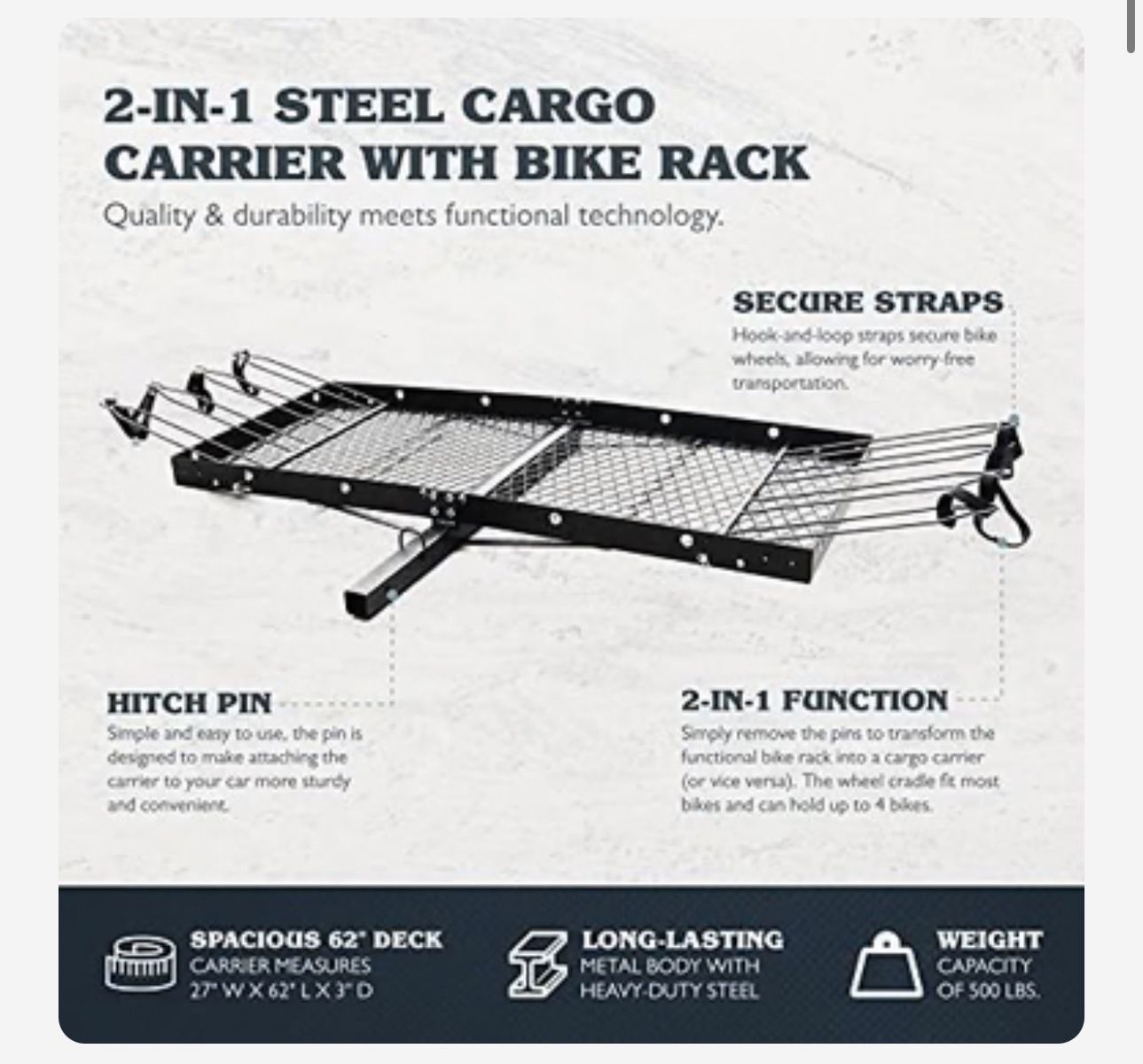 Tow Tuff 62 Inch 500lb Steel Cargo And BIke Rack
