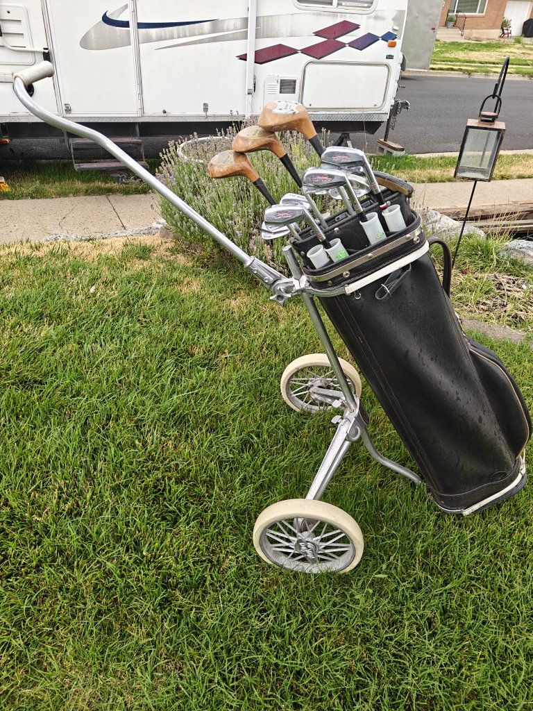 Vintage MacGregor Flight Master Golf Set with TaylorMade Wedge, Bag, & Pull Cart