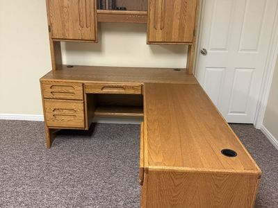 Large Wooden L-Shaped Executive Desk with Hutch and Storage
