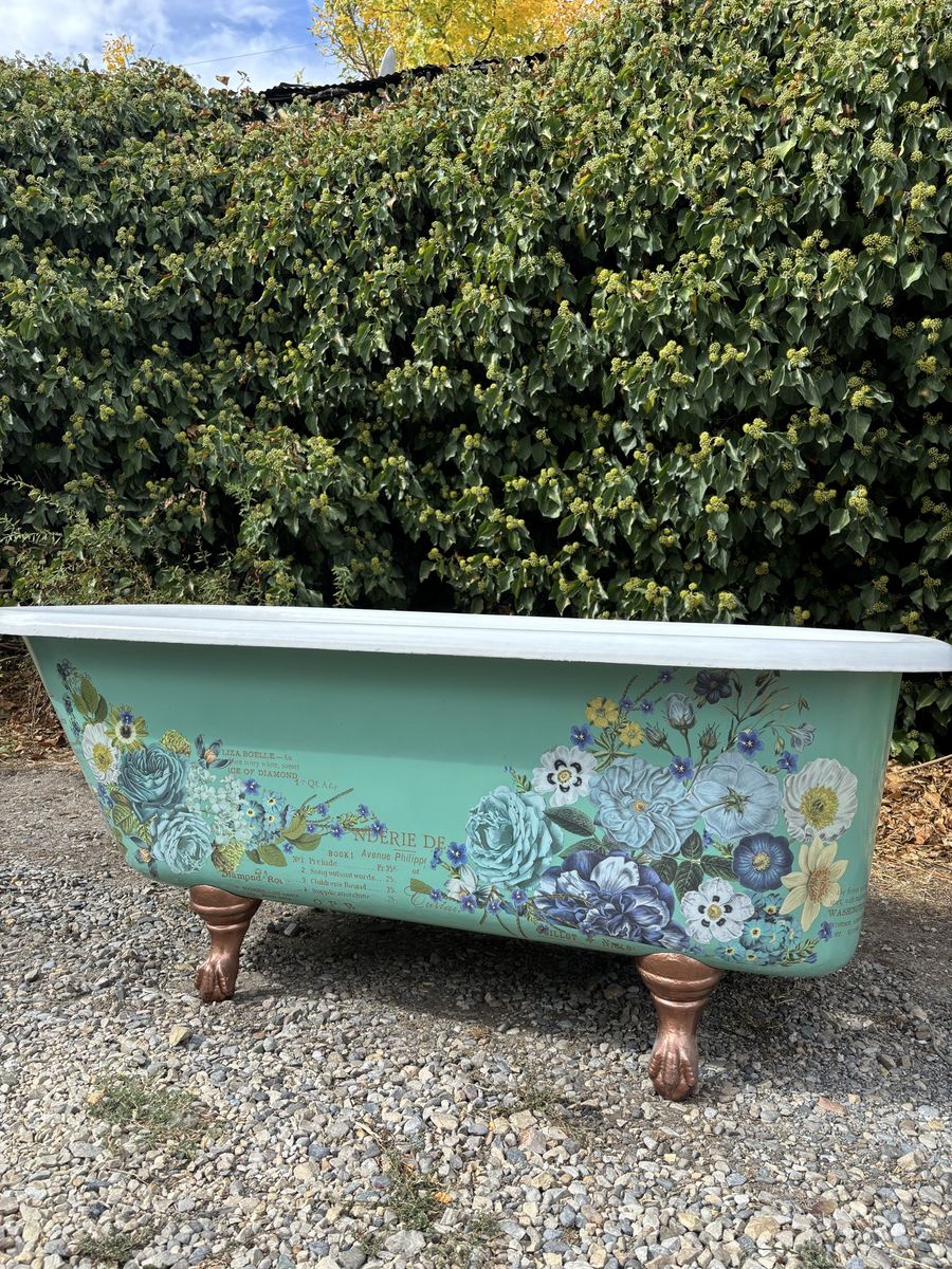 Vintage refinished Floral Clawfoot Bathtub - Green with blue flowers and Copper Feet