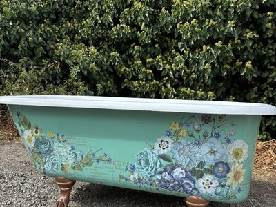 Vintage refinished Floral Clawfoot Bathtub - Green with blue flowers and Copper Feet