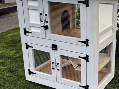Spacious 2-Story White Wooden Rabbit Hutch with Enclosed Run