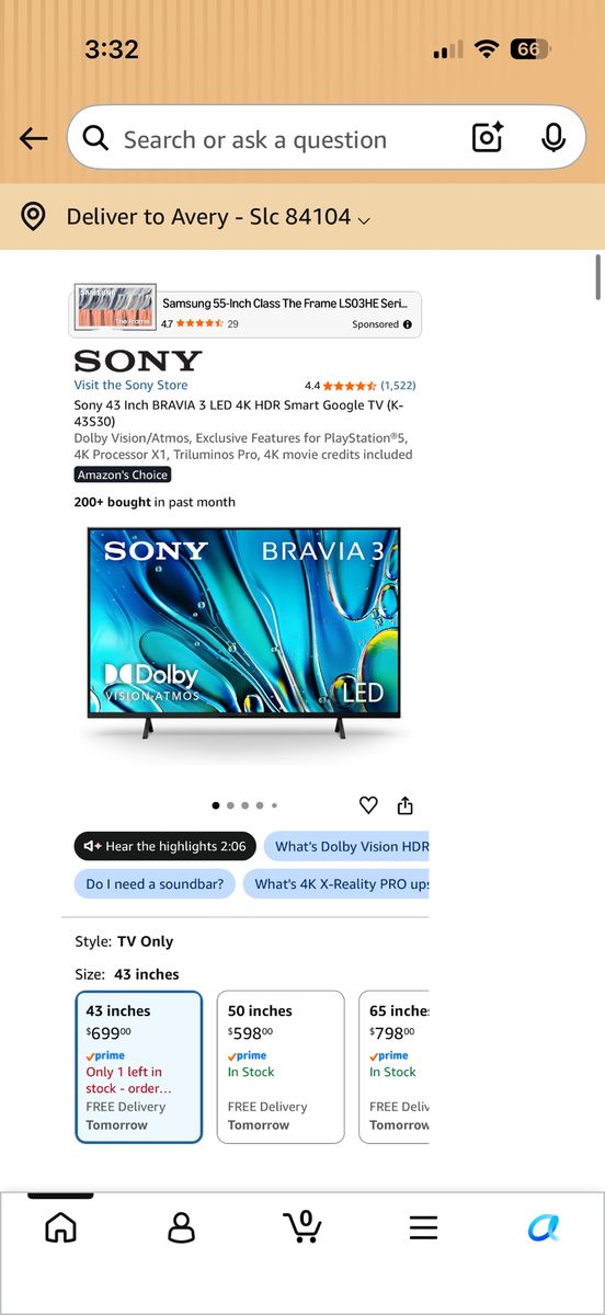 Sony 43” BRAVIA 3 LED 4K HRD Smart Google TV w/mount