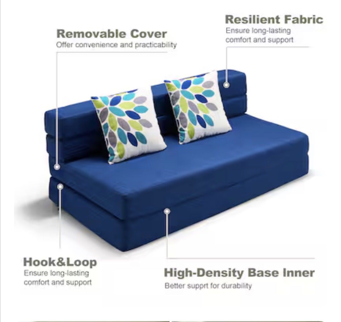 Artplan Queen Convertible Folding Sofa Bed, Dark Blue High-Density Memory Foam, Removable Cover