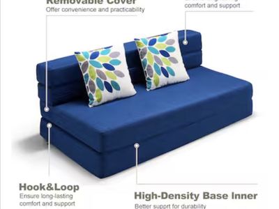 Artplan Queen Convertible Folding Sofa Bed, Dark Blue High-Density Memory Foam, Removable Cover