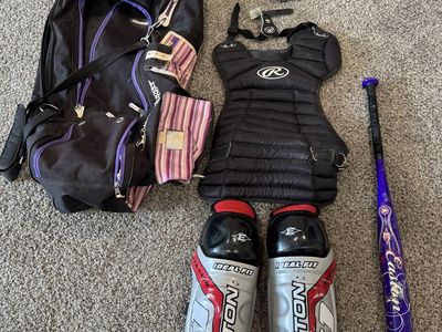 Louisville Slugger Catchers Rawlings & Easton Softball Gear Set with Bag, Bat, Helmet, Chest Protector, and Leg Guards