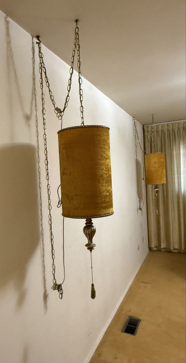 Vintage Mid-Century Gold Velvet Hanging Swag Lamp with chain and tassell