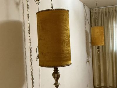 Vintage Mid-Century Gold Velvet Hanging Swag Lamp with chain and tassell
